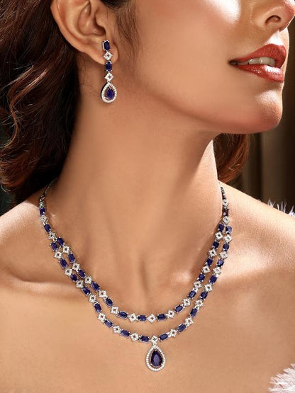 Silver-Plated Purple Stone American Diamond Layered Necklace Set for Women