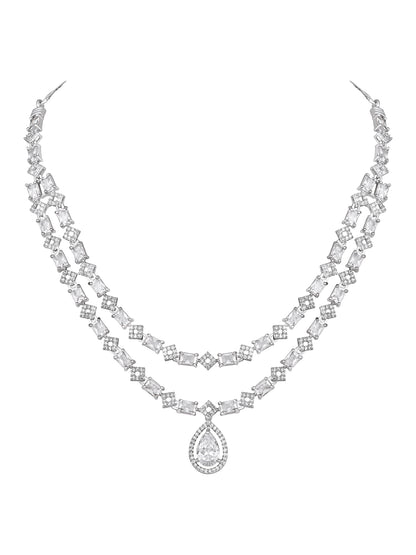 Silver-Plated Cubic Zirconia Double-Layered Necklace Set