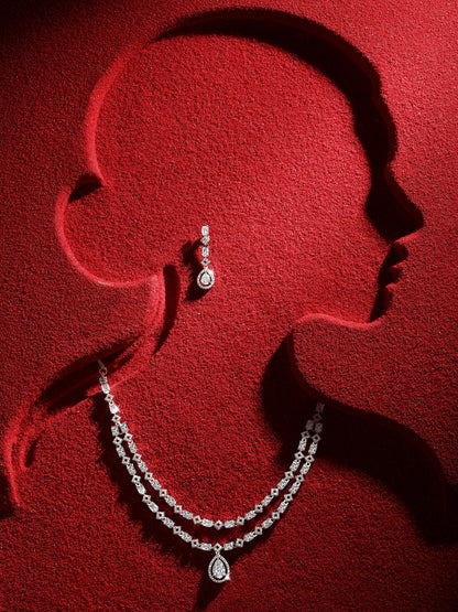 Silver-Plated Cubic Zirconia Double-Layered Necklace Set