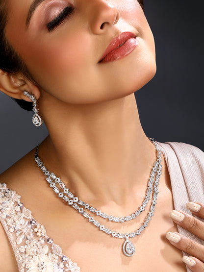Silver-Plated Cubic Zirconia Double-Layered Necklace Set