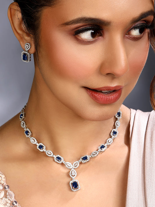 Blue Sapphire-Inspired Emerald-Cut Necklace and Earrings Jewellery Set