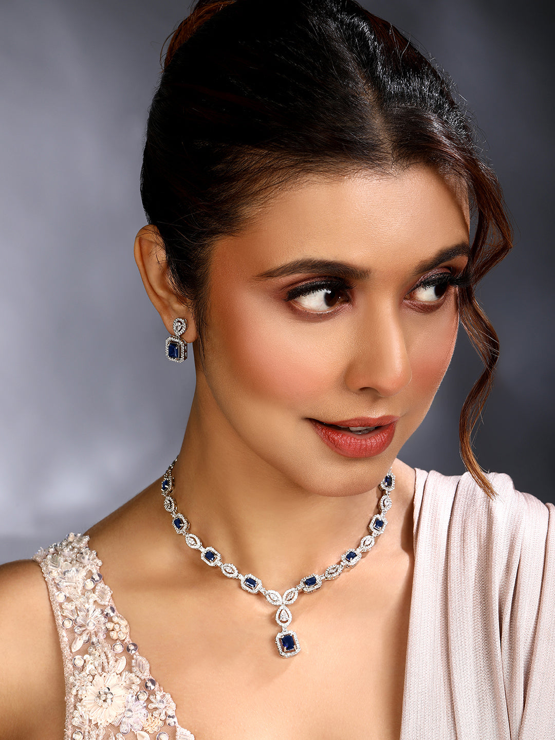 Blue Sapphire-Inspired Emerald-Cut Necklace and Earrings Jewellery Set