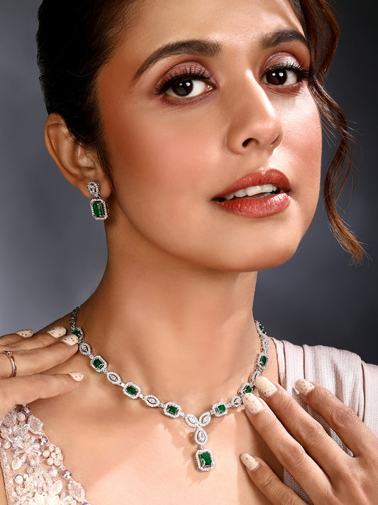 Asmitta Silver-Plated Emerald Green & Cubic Zirconia Choker Jewelry Set