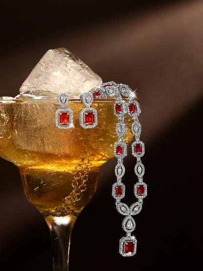 Silver-Tone Red Stone Designer Necklace Set for Women