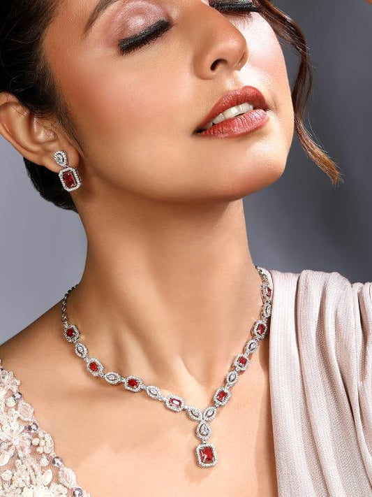 Silver-Tone Red Stone Designer Necklace Set for Women