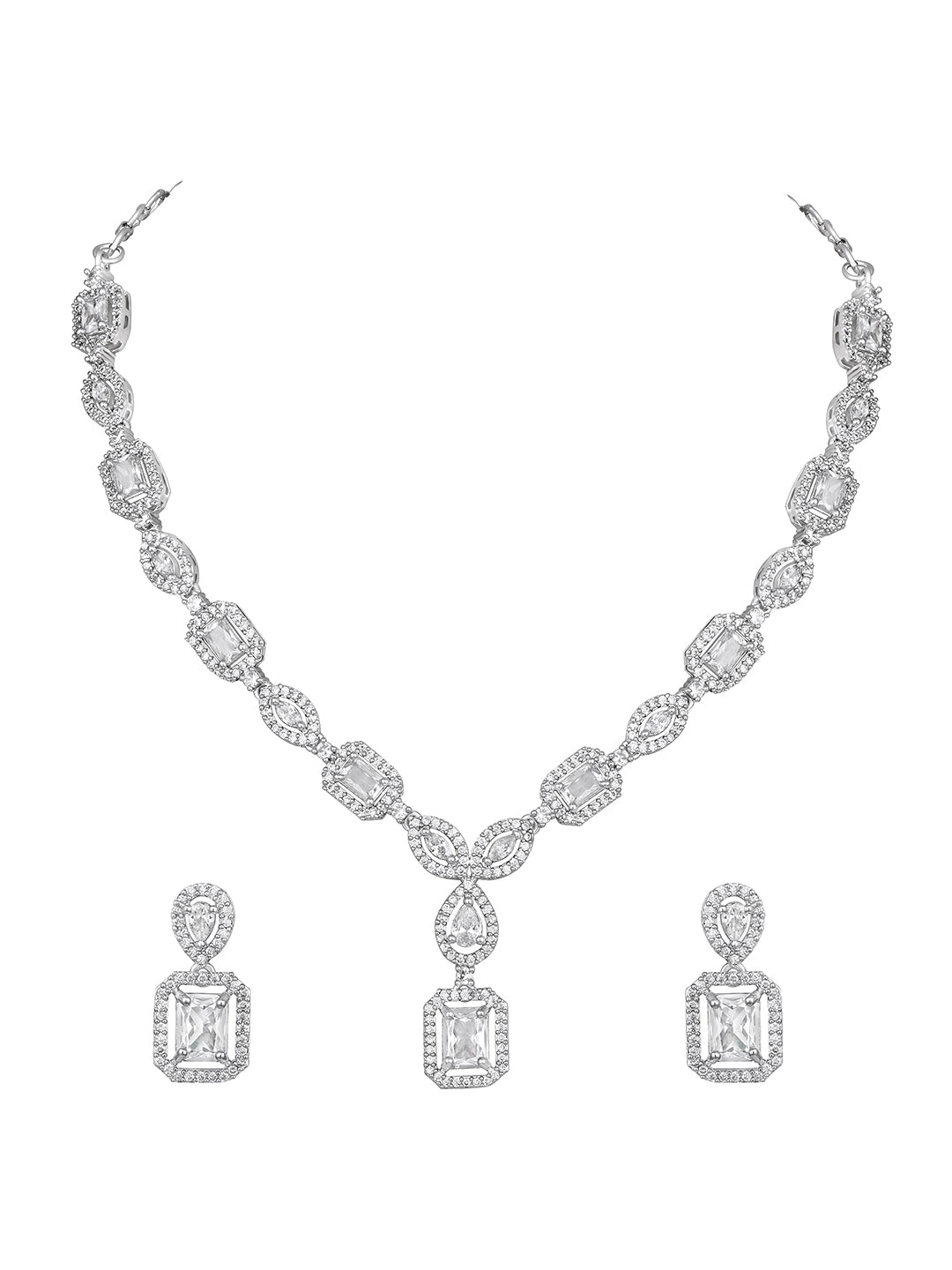 Silver-Tone CZ Stone Designer Necklace Set with Dangler Earrings