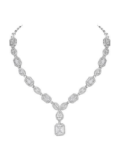 Silver-Tone CZ Stone Designer Necklace Set with Dangler Earrings