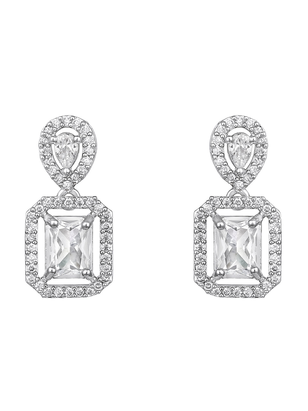 Silver-Tone CZ Stone Designer Necklace Set with Dangler Earrings