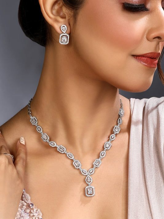 Silver-Tone CZ Stone Designer Necklace Set with Dangler Earrings