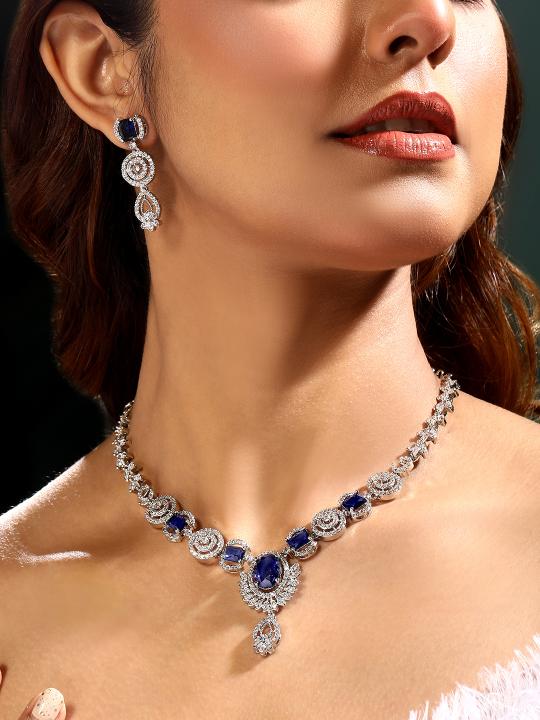 Asmitta Women Blue Stone & American Diamond Statement Jewellery Set