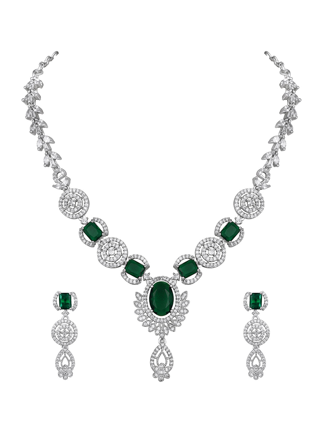 Asmitta Stunning Silver-Plated Emerald Green Stone Floral Necklace Set
