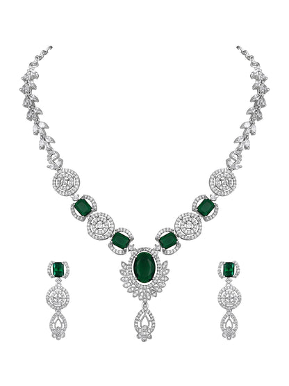 Asmitta Stunning Silver-Plated Emerald Green Stone Floral Necklace Set