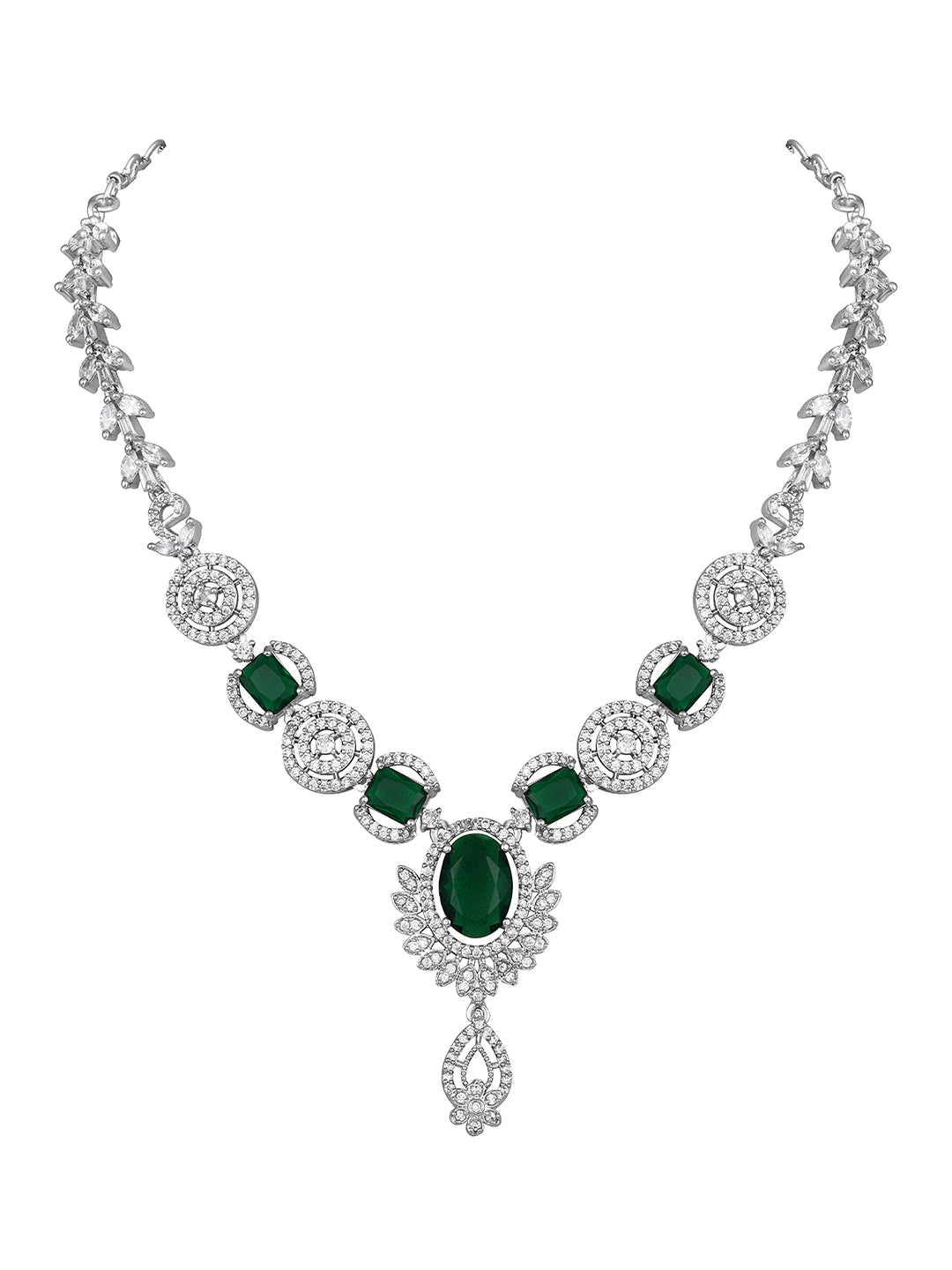 Asmitta Stunning Silver-Plated Emerald Green Stone Floral Necklace Set