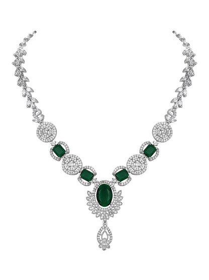 Asmitta Stunning Silver-Plated Emerald Green Stone Floral Necklace Set
