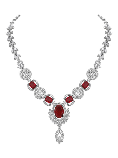 Premium Red Stone Silver-Tone Necklace & Earrings Set