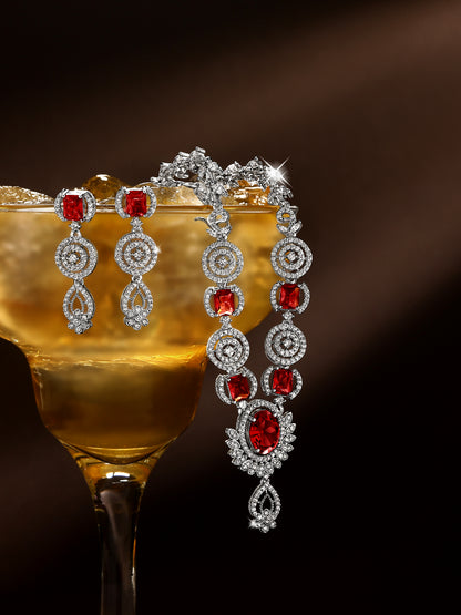 Premium Red Stone Silver-Tone Necklace & Earrings Set