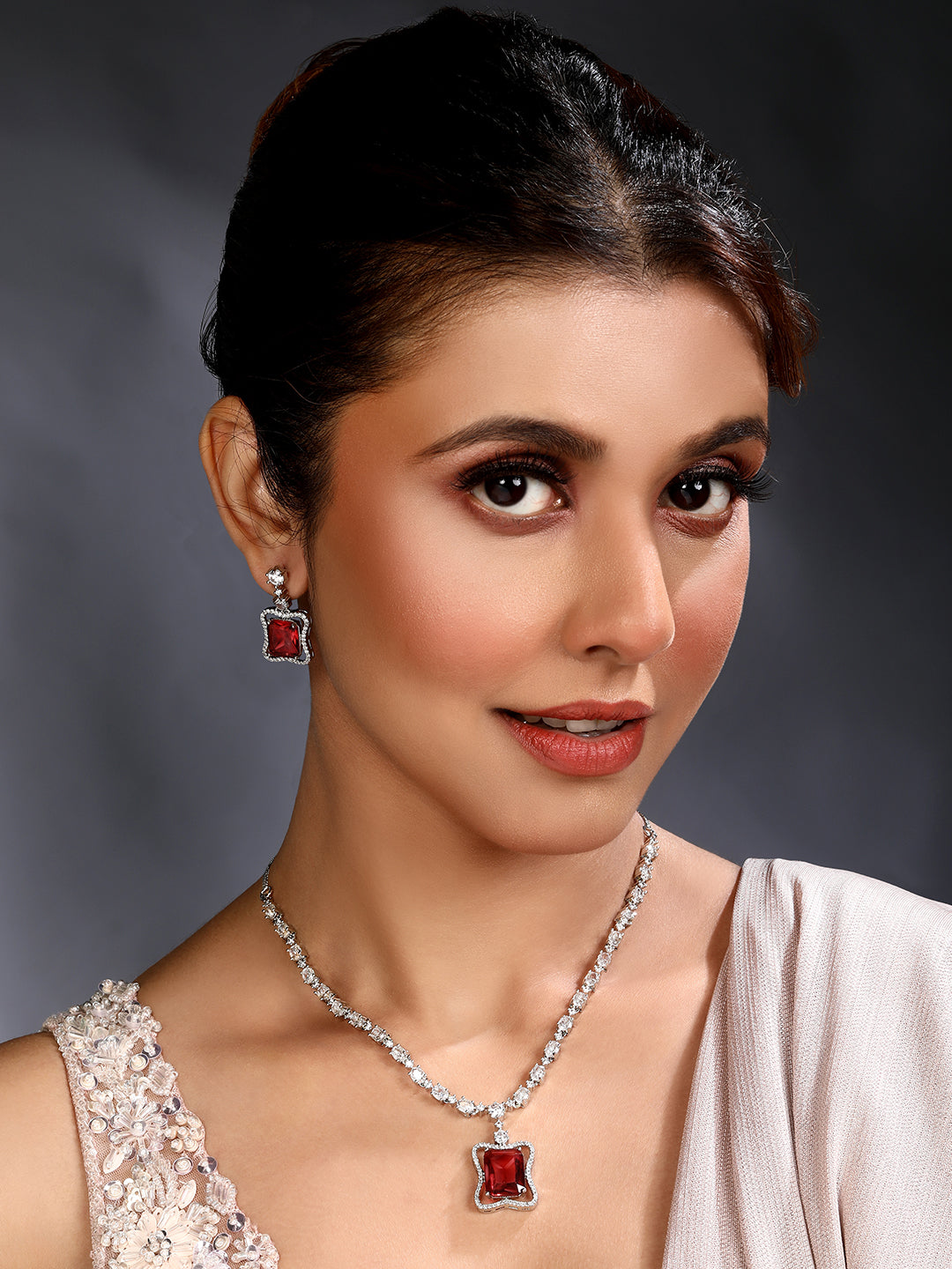 Elegant Red Stone Necklace & Earrings Set | Asmitta Jewellery