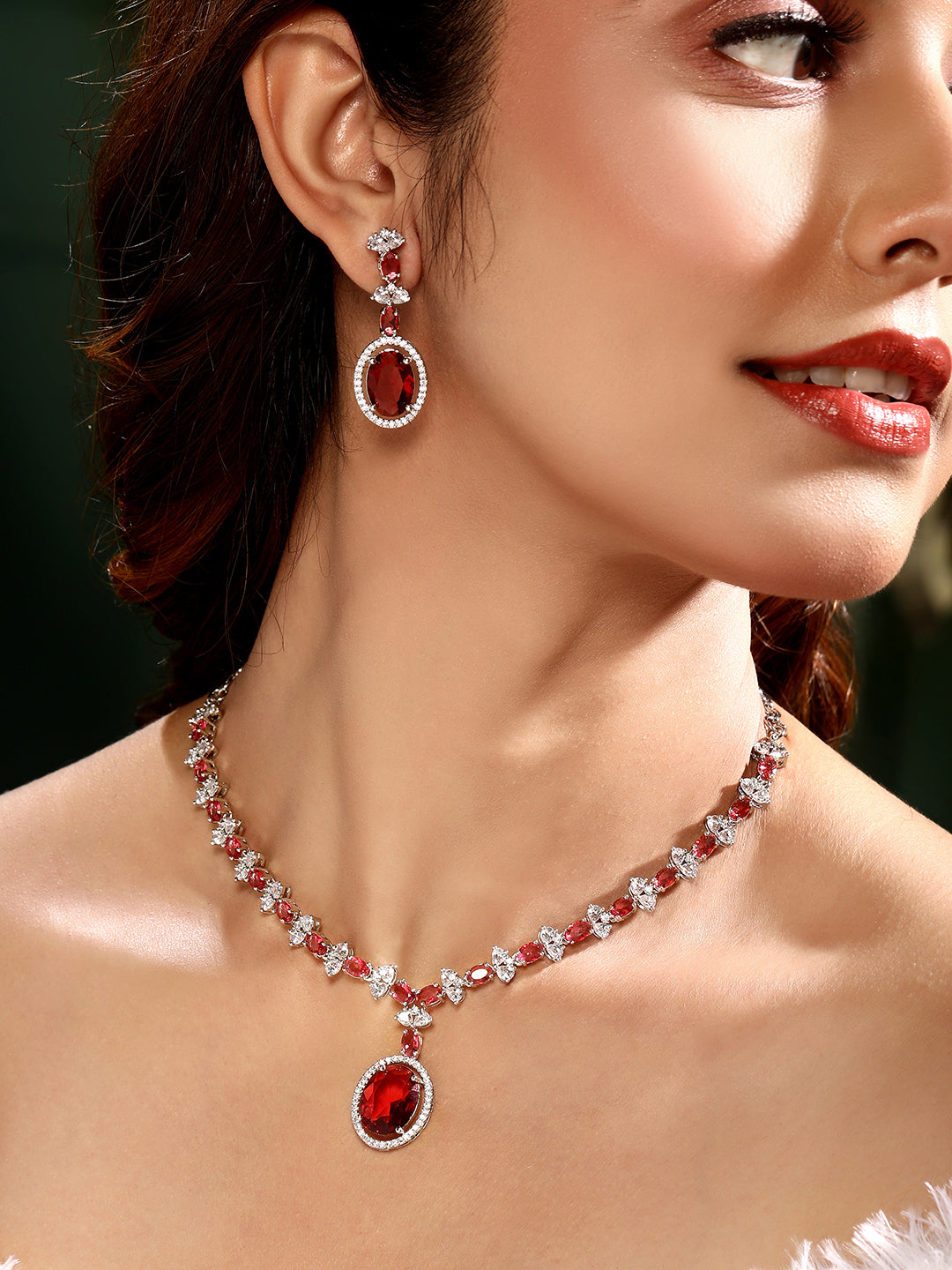 Elegant Red Stone Necklace & Earrings Set | Asmitta Jewellery