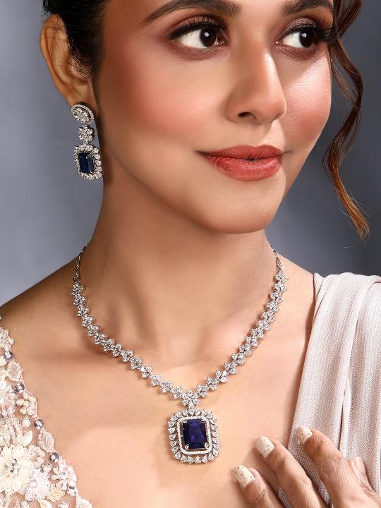 Blue Crystal CZ Diamond Designer Choker Necklace Set for Women