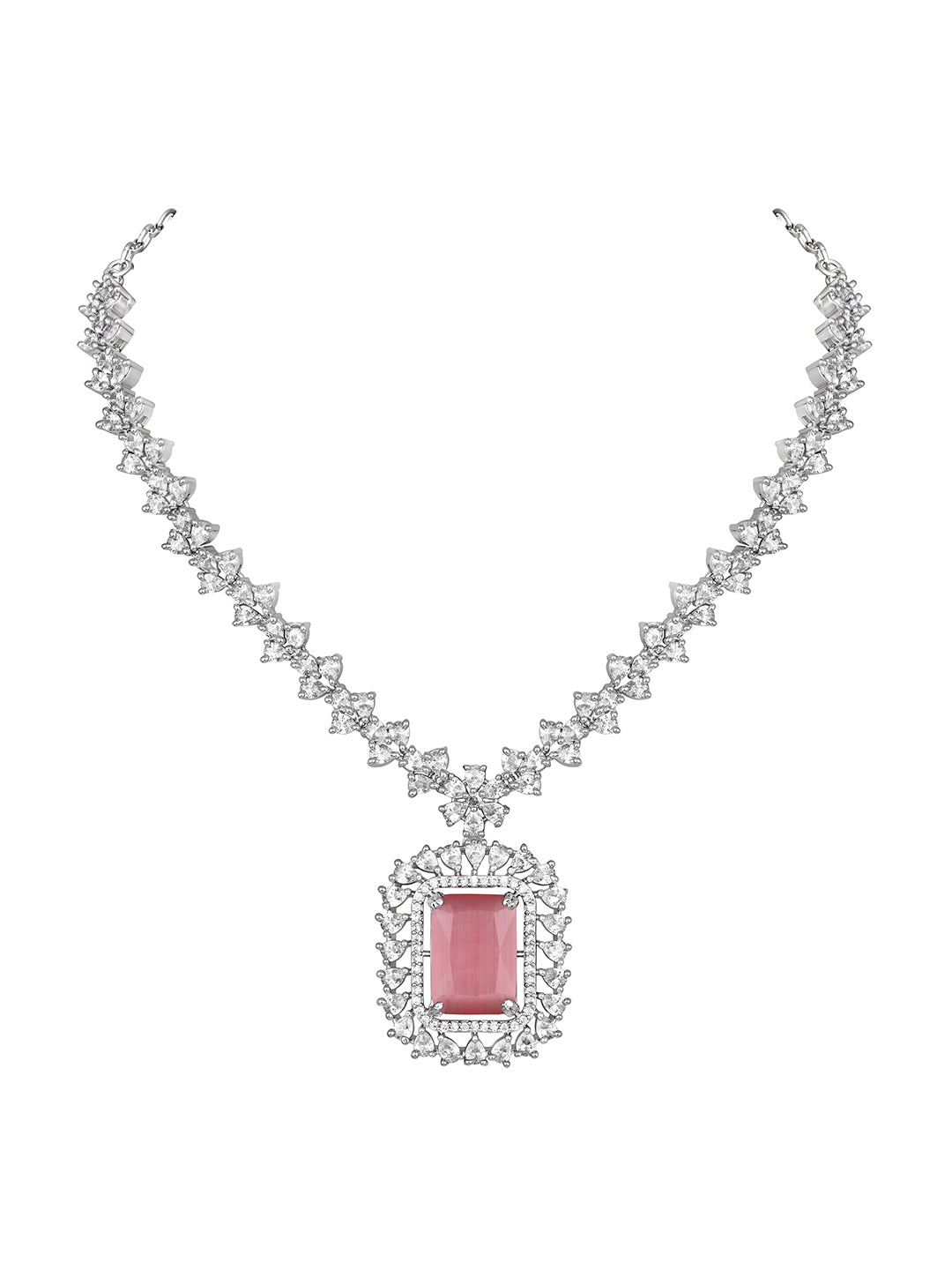Rhodium Plated Pink Stone Choker Necklace Set