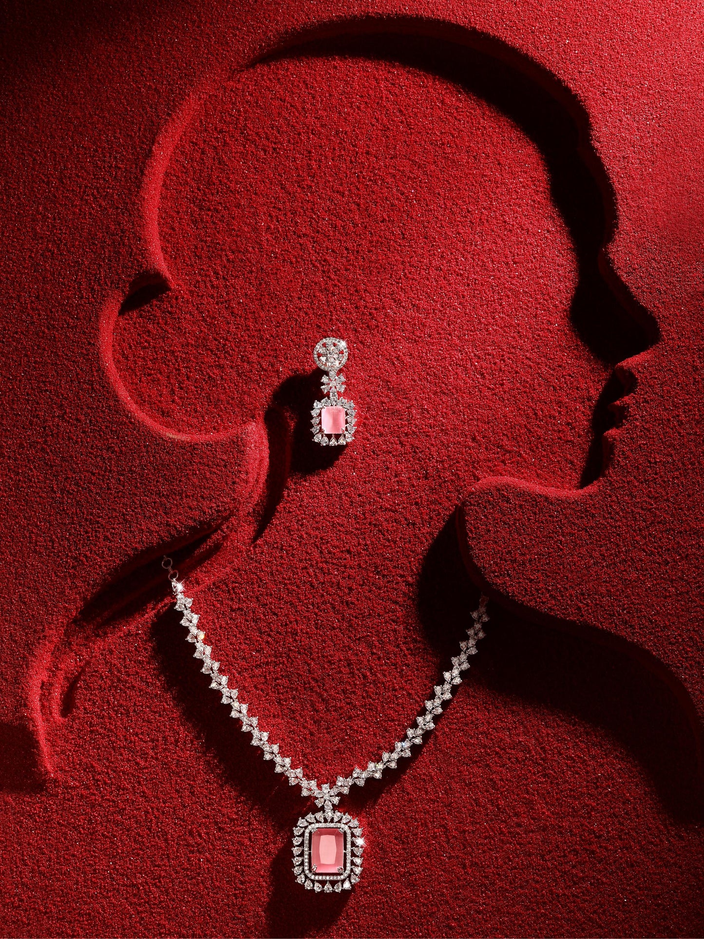 Rhodium Plated Pink Stone Choker Necklace Set