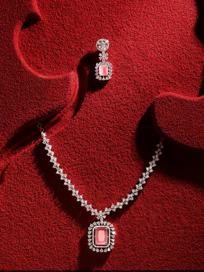 Rhodium Plated Pink Stone Choker Necklace Set