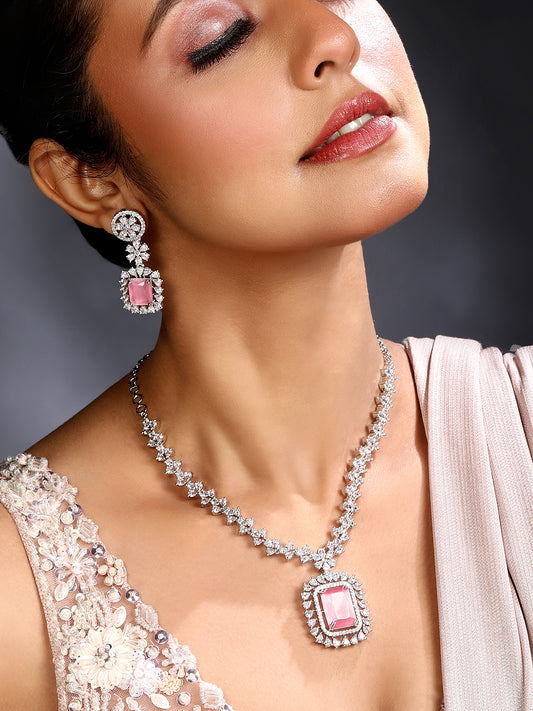 Rhodium Plated Pink Stone Choker Necklace Set