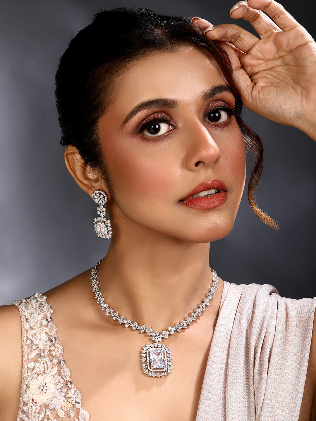 Silver-Tone Stone Designer Jewellery Set for Women