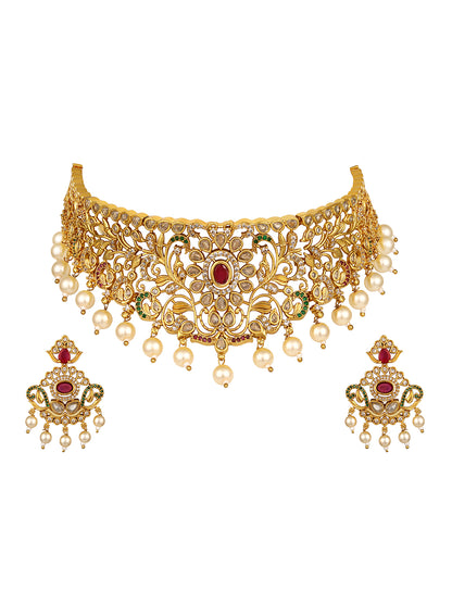 Regal Essence Antique Gold-Plated Ruby & Pearl Choker Set
