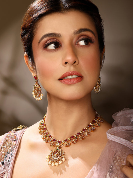 Elegant Gold-Plated Temple Jewelry Set with Ruby Accents
