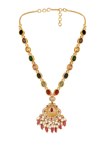 Traditional Multi-Color Stone Studded Gold-Plated Necklace Set