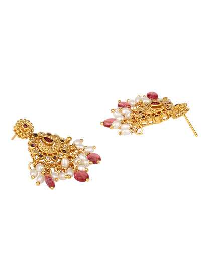 Traditional Multi-Color Stone Studded Gold-Plated Necklace Set