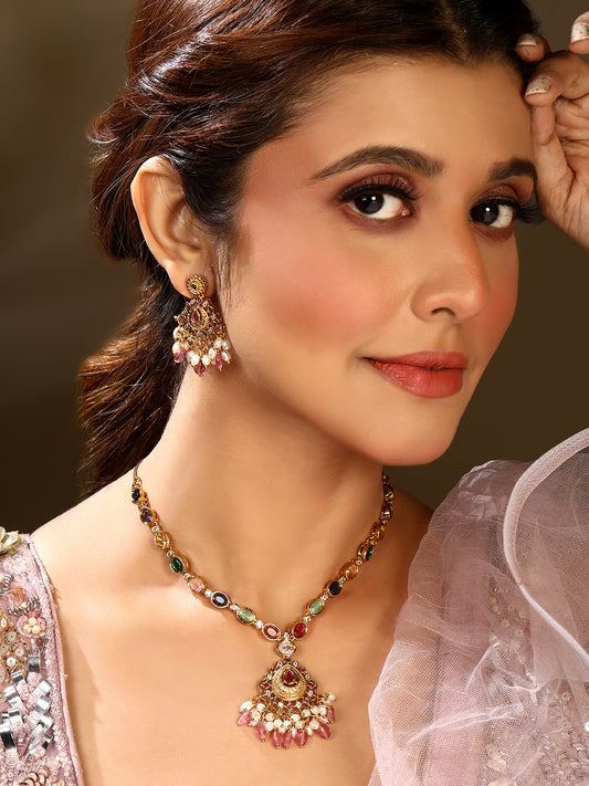 Traditional Multi-Color Stone Studded Gold-Plated Necklace Set