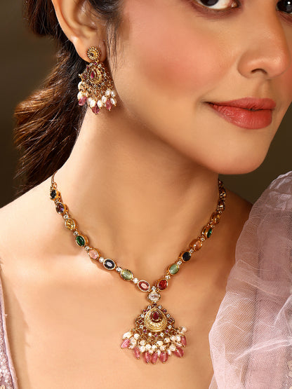 Traditional Multi-Color Stone Studded Gold-Plated Necklace Set