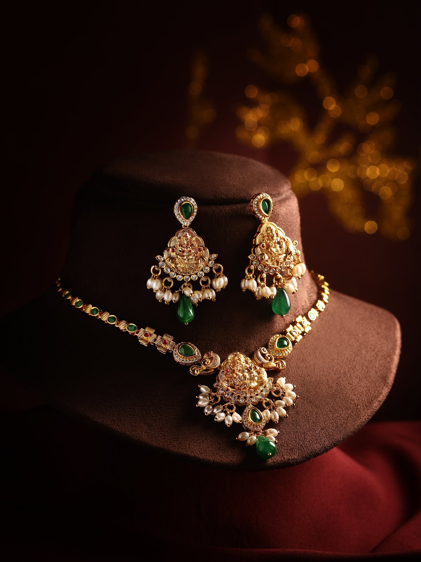 Gold Plated Temple Necklace Set with Green Stones & Pearl Jhumka Earrings