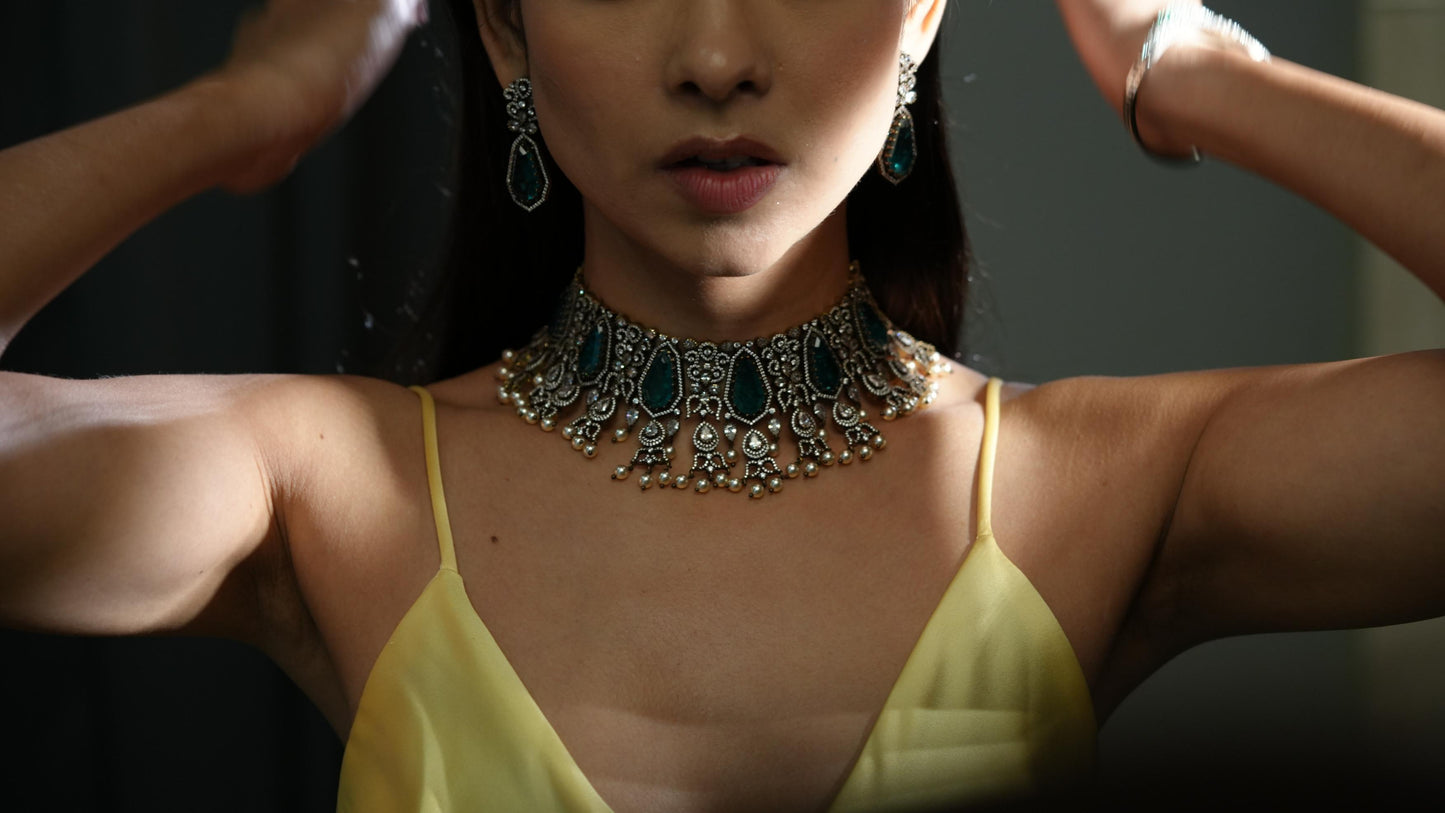 Green Kundan Polki Statement Choker Necklace Set