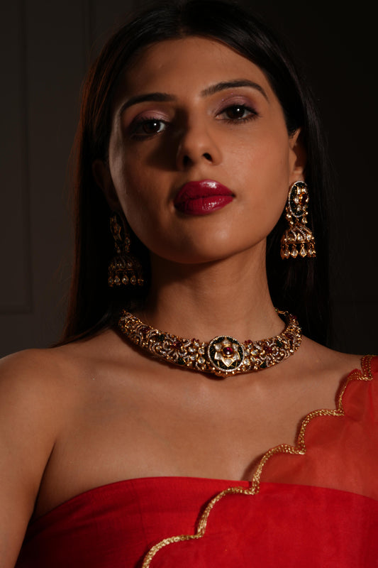 Traditional Antique Gold Temple Bridal Choker Necklace Set with Earrings