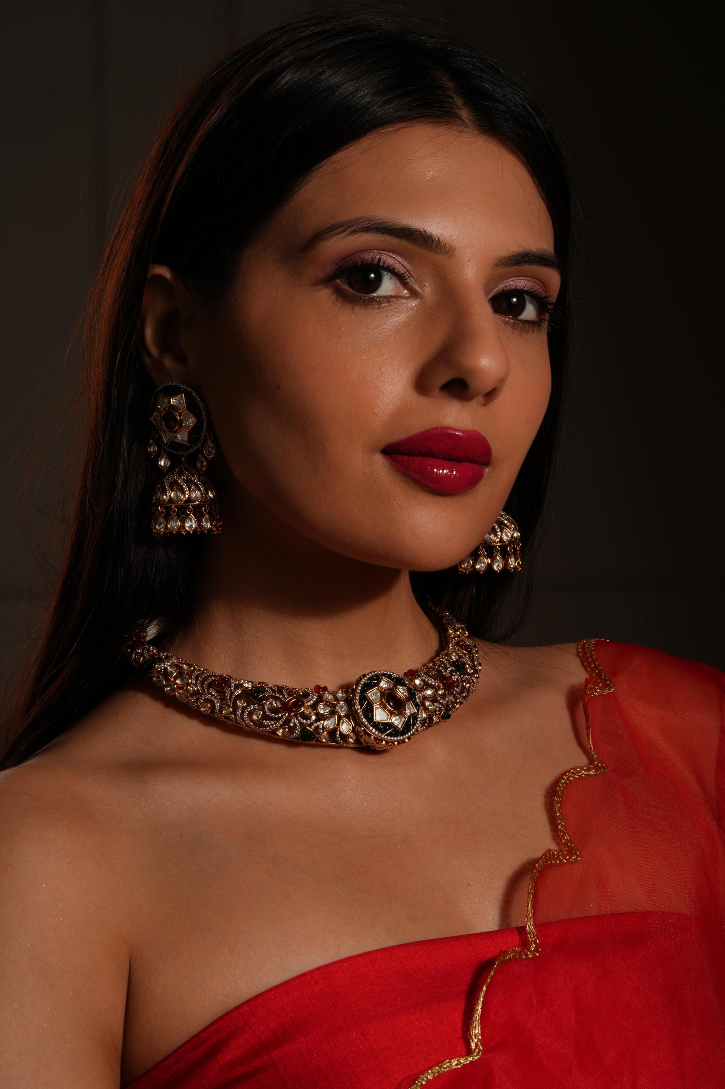 Traditional Antique Gold Temple Bridal Choker Necklace Set with Earrings