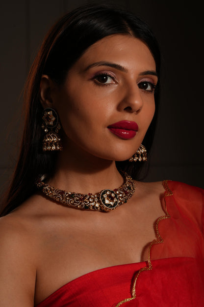 Traditional Antique Gold Temple Bridal Choker Necklace Set with Earrings