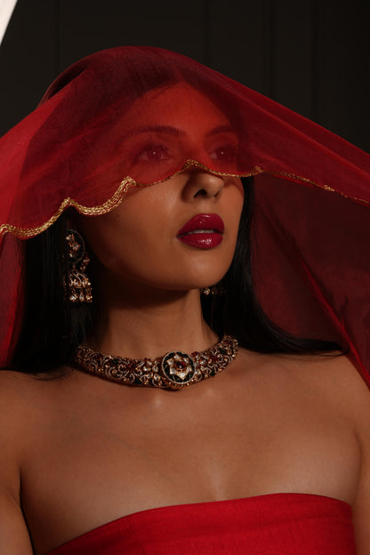 Traditional Antique Gold Temple Bridal Choker Necklace Set with Earrings