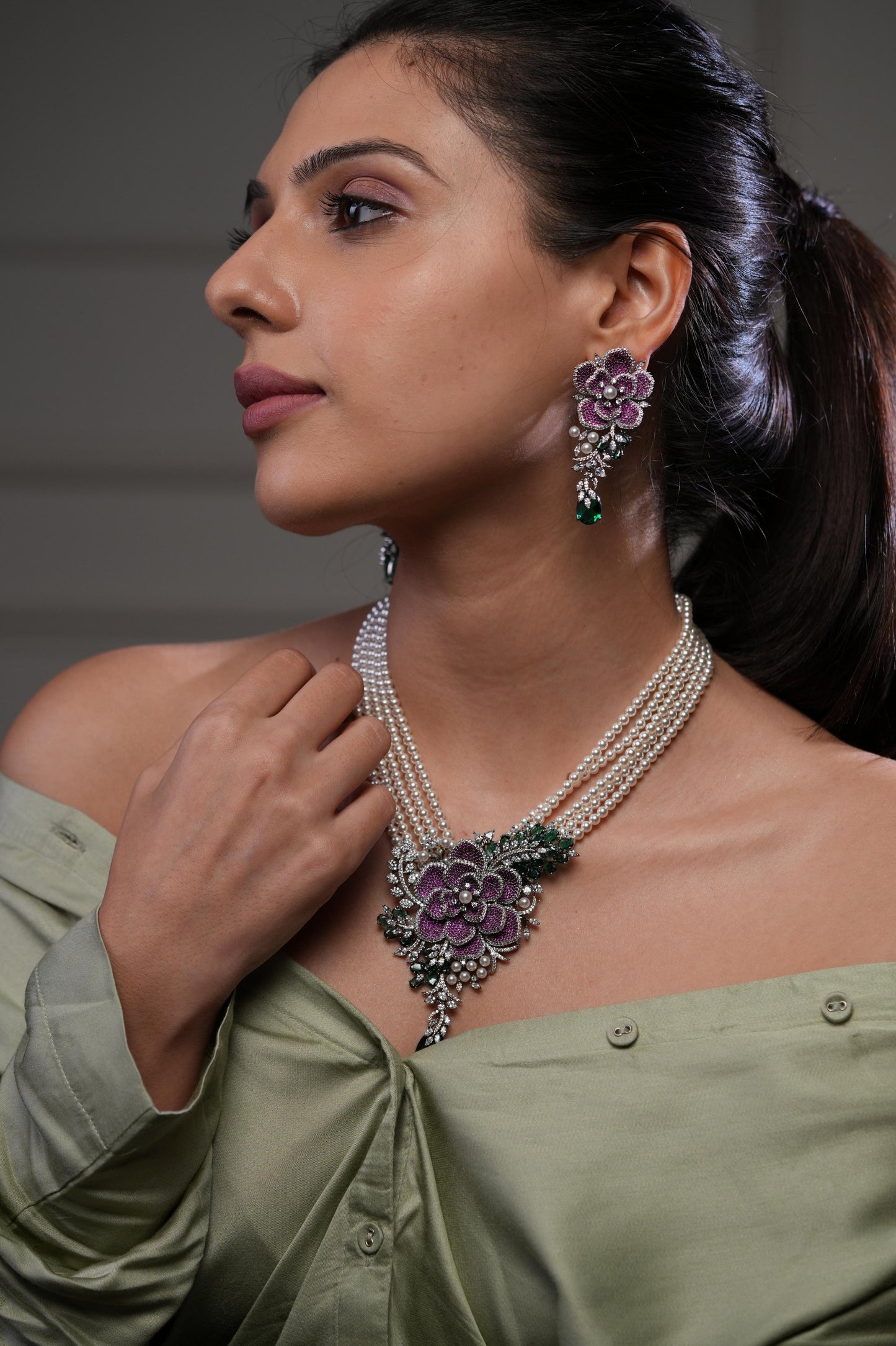 Floral Pink & Green Stone Pearl Layered Bridal Necklace Set with Earrings