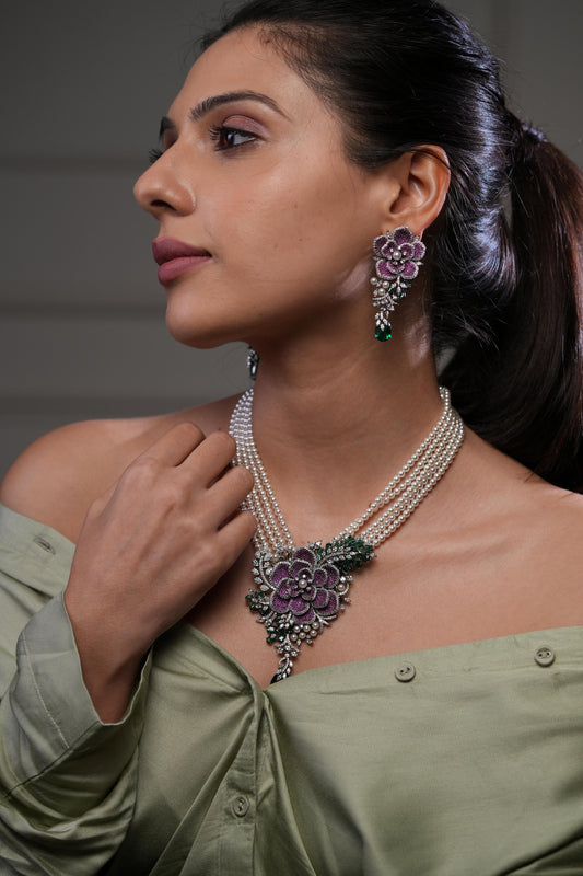 Floral Pink & Green Stone Pearl Layered Bridal Necklace Set with Earrings