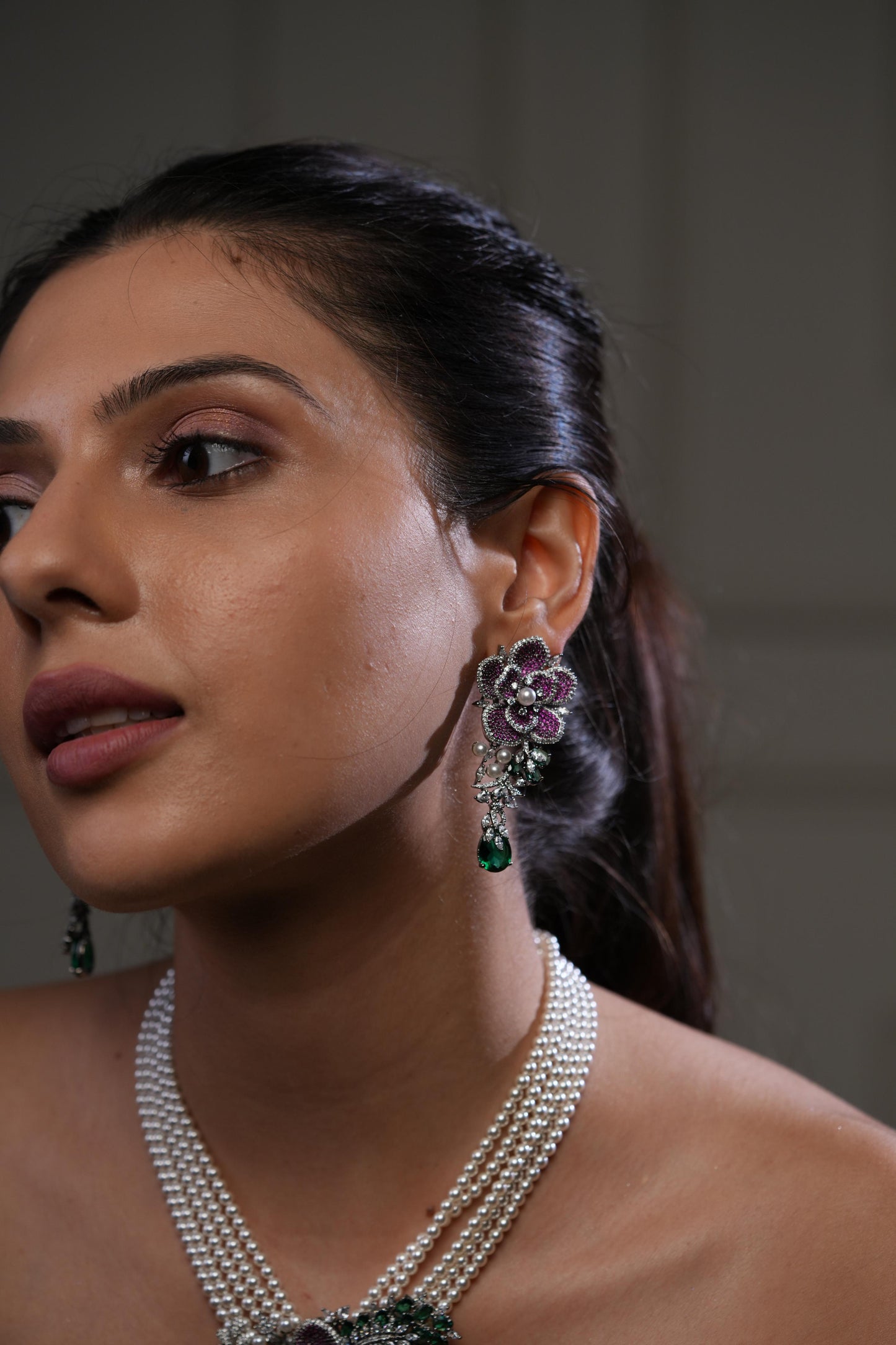 Floral Pink & Green Stone Pearl Layered Bridal Necklace Set with Earrings