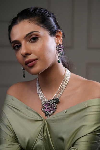 Floral Pink & Green Stone Pearl Layered Bridal Necklace Set with Earrings