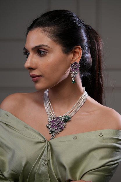 Floral Pink & Green Stone Pearl Layered Bridal Necklace Set with Earrings