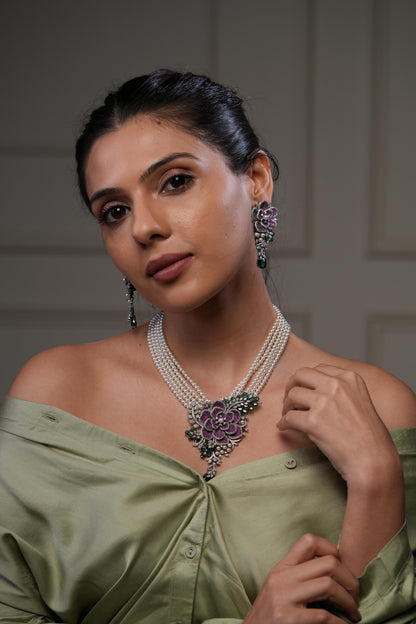 Floral Pink & Green Stone Pearl Layered Bridal Necklace Set with Earrings