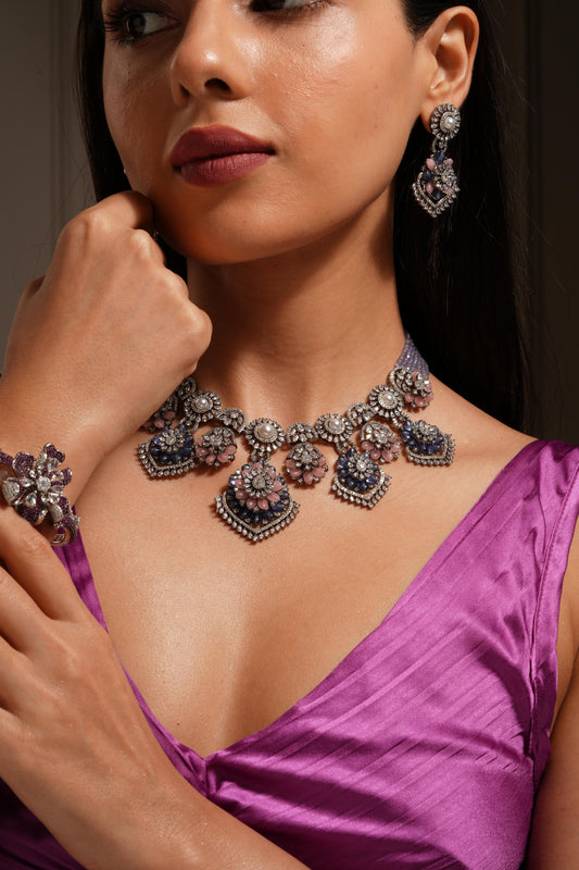 Vintage Floral Statement Necklace Set with Pearl & Multicolor Stones