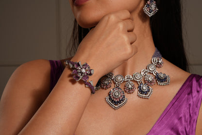 Vintage Floral Statement Necklace Set with Pearl & Multicolor Stones