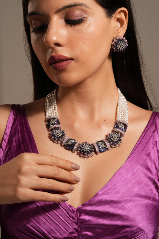 Elegant Floral Statement Necklace Set with Pearl Strands