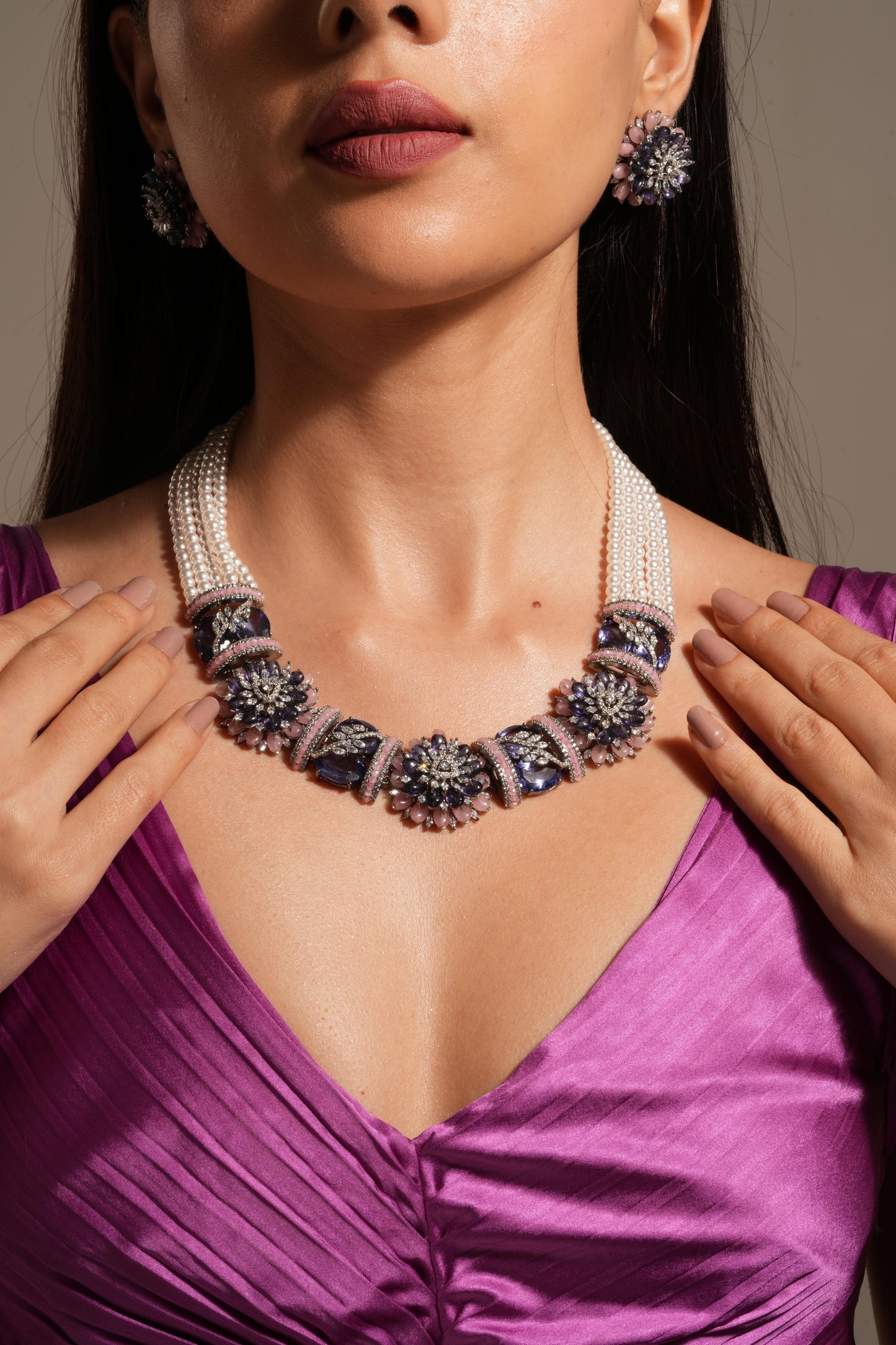 Elegant Floral Statement Necklace Set with Pearl Strands